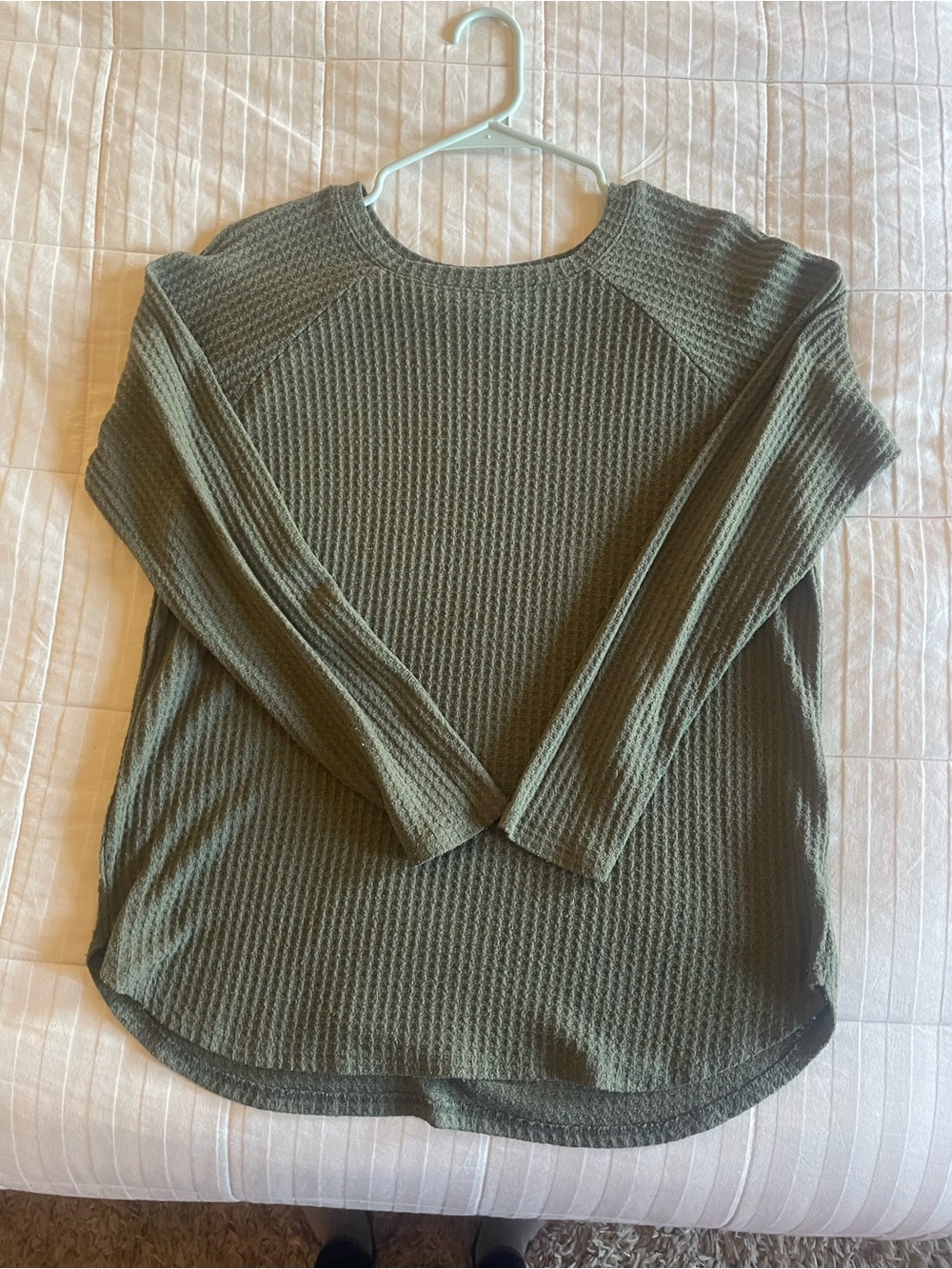 American Eagle Outfitters Olive Green Waffle-Knit Long Sleeve Top